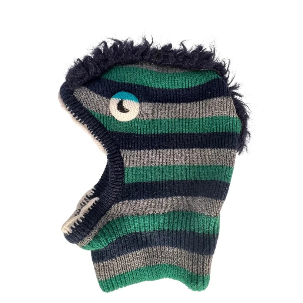 Kids Monster Balaclava Hat Striped Green Navy Gray Fun Face Winter Ski Snowboard